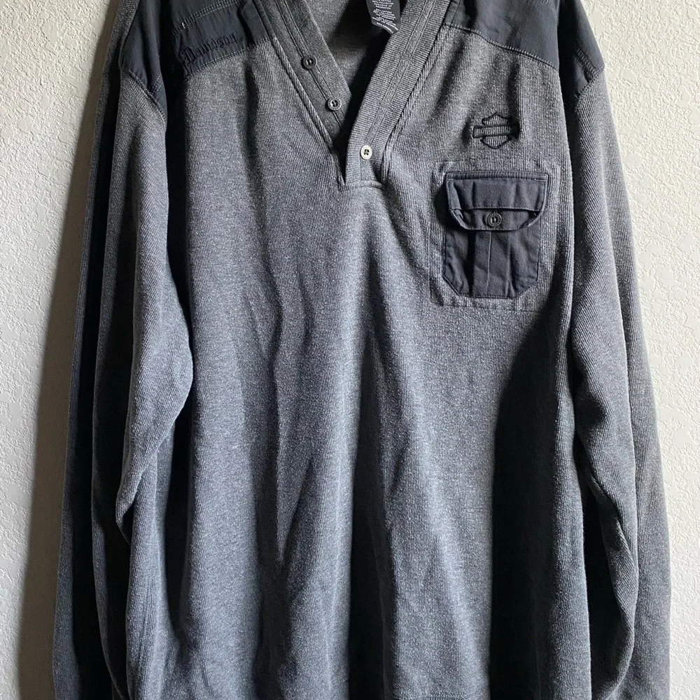Harley Davidson Gray and Black Henley Long Sleeve 3 Button Pullover Sweater 2XL